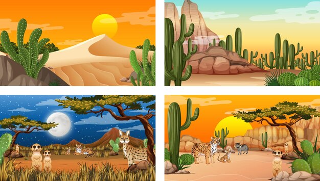 Different desert forest landscape scenes with animals and plants