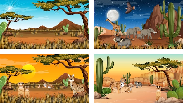 Free Vector different desert forest landscape scenes with animals and plants