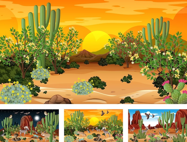 Different desert forest landscape scenes with animals and plants