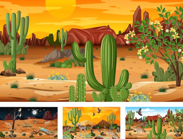 Different desert forest landscape scenes with animals and plants