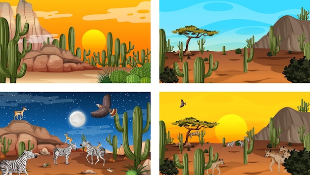 Different desert forest landscape scenes with animals and plants