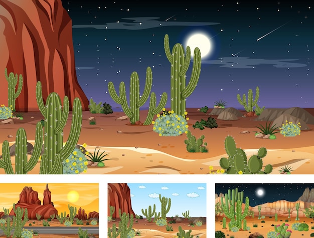 Different desert forest landscape scenes with various desert plants