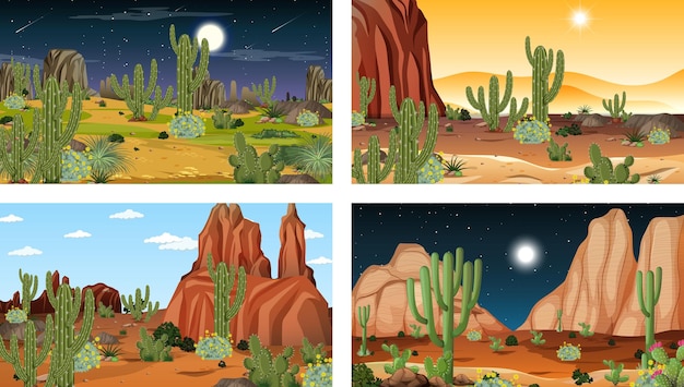 Free Vector different desert forest landscape scenes with various desert plants