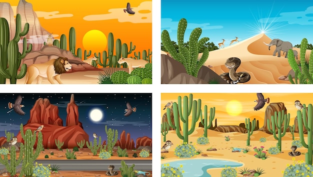 Different desert forest scenes with animals and plants