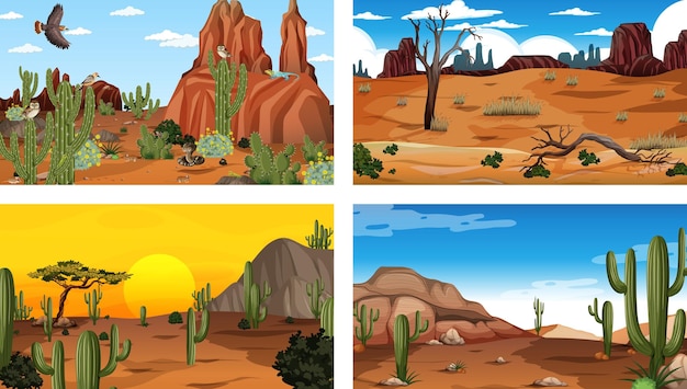 Different desert forest scenes with animals and plants