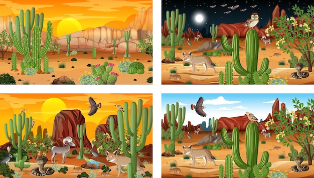 Different desert forest scenes with animals and plants