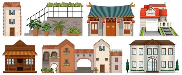 Free Vector different design of buildings on white background