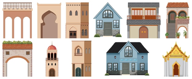 Different designs of buildings on white background