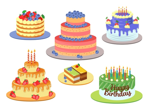 Different elegant birthday cakes illustrations set