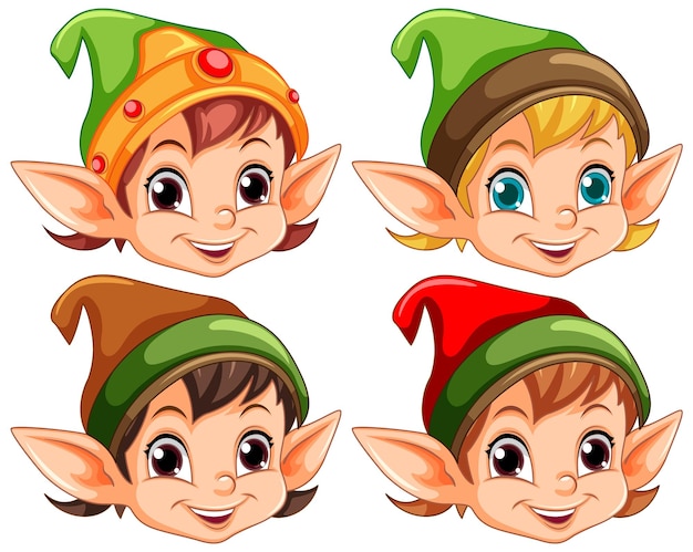 Free vector different elf kids heads collection