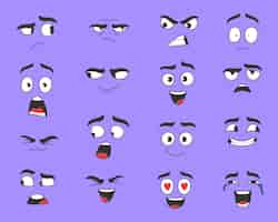 Free vector different expressions of cartoon face vector illustrations set. cute, funny, angry, happy, smiling comic faces with eyes and mouth isolated on purple background. emotions concept for character design