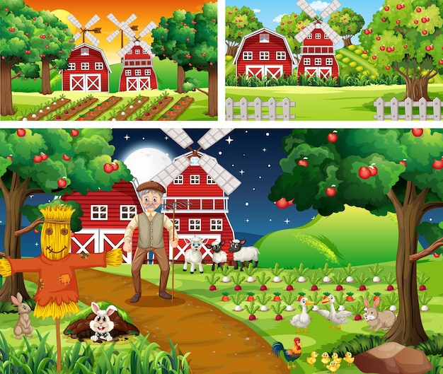 Free vector different farm scenes with farm animals cartoon character