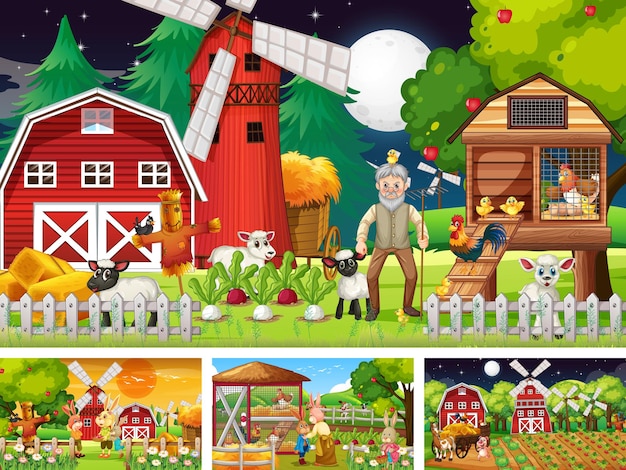 Different farm scenes with old farmer and animal cartoon character