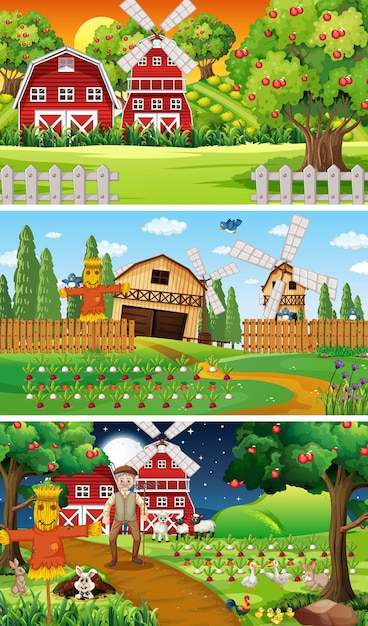 Free Vector different farm scenes with old farmer and animal cartoon character