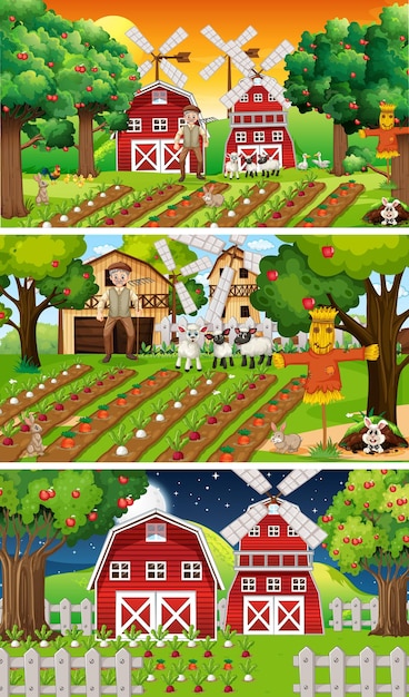 Different farm scenes with old farmer and animal cartoon character