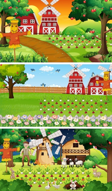 Free Vector different farm scenes with old farmer and animal cartoon character