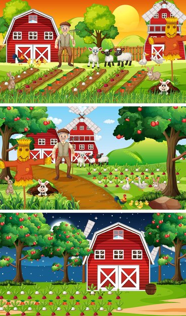 Different farm scenes with old farmer and animal cartoon character