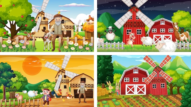 Different farm scenes with old farmer and animal cartoon character