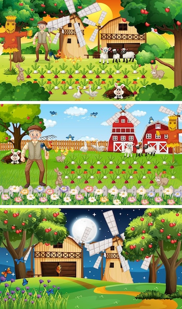 Free vector different farm scenes with old farmer and animal cartoon character