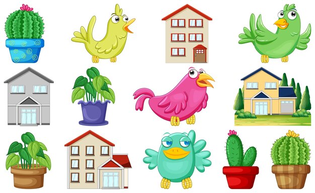 Different house designs and cute birds