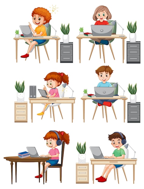 Free Vector different kids using computer