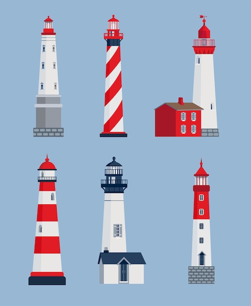 Free Vector different lighthouses vector illustrations set. collection of cartoon drawings of seaside towers, nautical beacons isolated on blue background. architecture, travelling, navigation concept