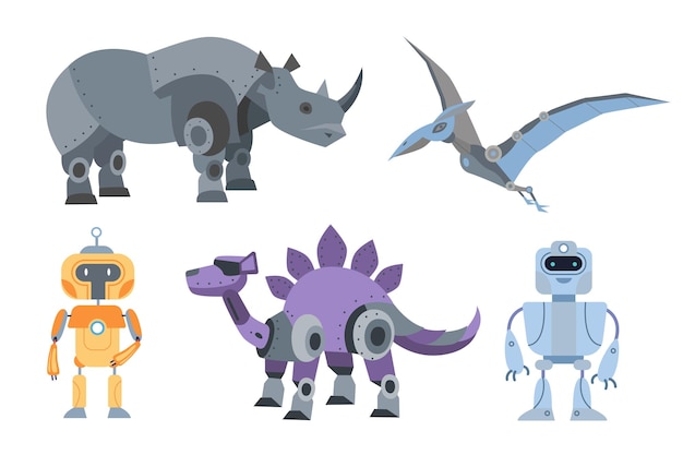 Free Vector different mechanical toys for children vector illustrations set. collection of cartoon drawings of robotic toys for kids, rhino, robots or cyborgs, prehistoric animals. technology, future concept