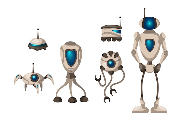 Free Vector different models of robots vector illustrations set. cyborg cartoon character or humanoids, evolution of modern technology isolated on white background. modern robots, technology concept