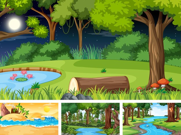 Different nature horizontal scenes in cartoon style