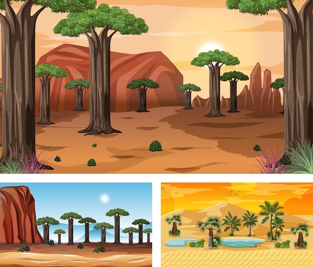 Different nature horizontal scenes in cartoon style