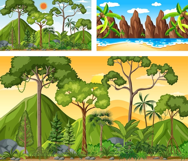 Free Vector different nature horizontal scenes in cartoon style