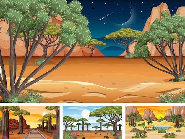 Free Vector different nature horizontal scenes in cartoon style