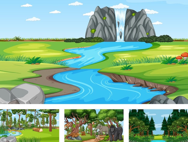 Different nature scenes of forest and rainforest with wild animals