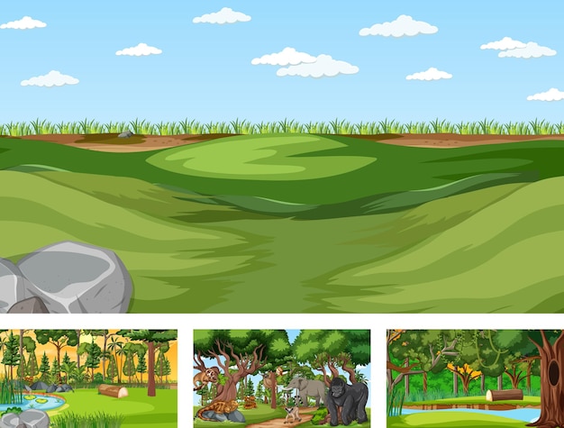 Free Vector different nature scenes of forest and rainforest with wild animals