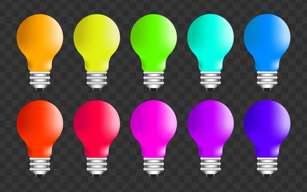 Different New Ideas - Row of Colored Light bulbs Isolated on transparent surface