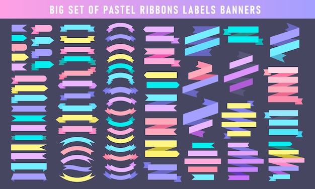 Different pastel colored ribbons labels banners collection. Big set of ribbon stickers elements.