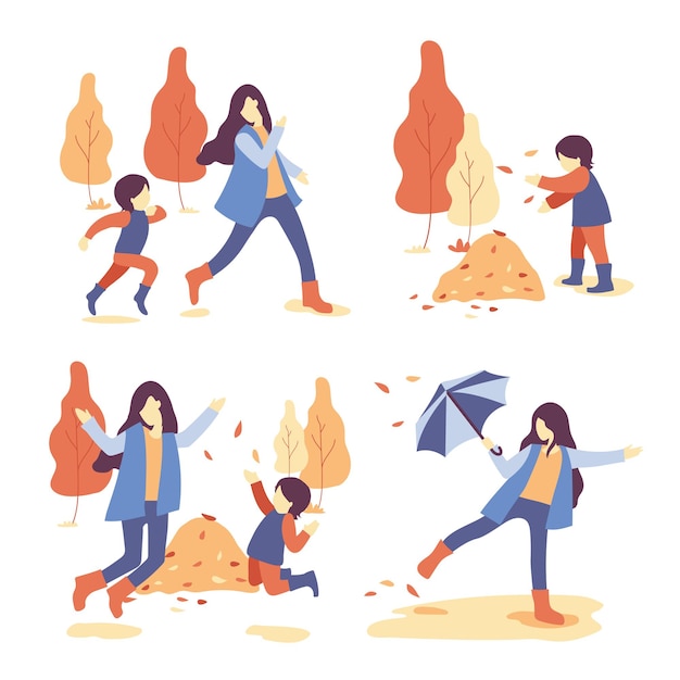 Different people and family spending quality time vector concept: group of family walking together at the autumn park happily