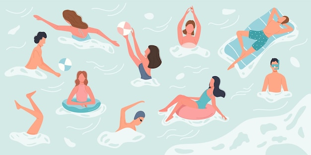 Free vector different people swimming and rests in sea or ocean performing various activities. characters spend summer vacation time.