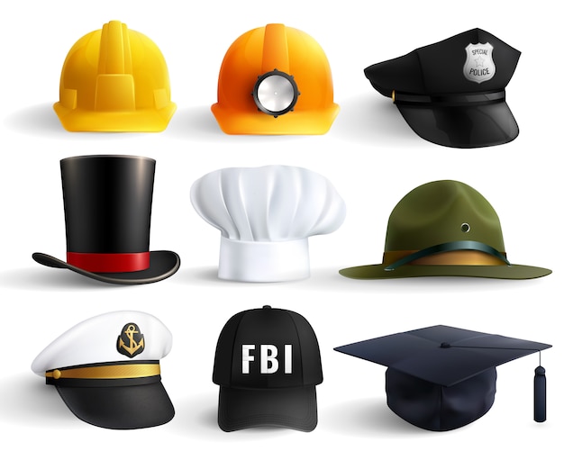 Free vector different professions hats set