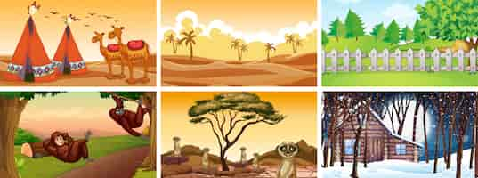 Free vector different scenes with animals and nature