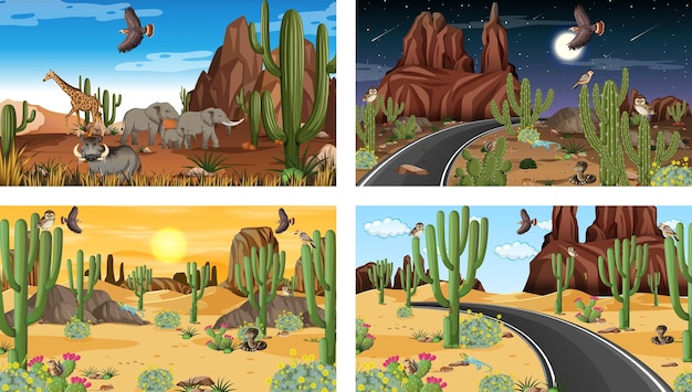 Free Vector different scenes with desert forest landscape with animals and plants