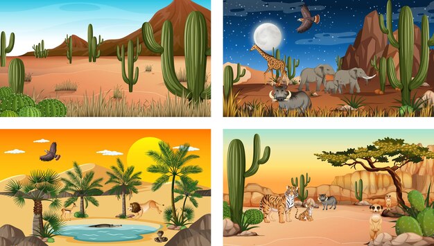 Different scenes with desert forest landscape with animals and plants