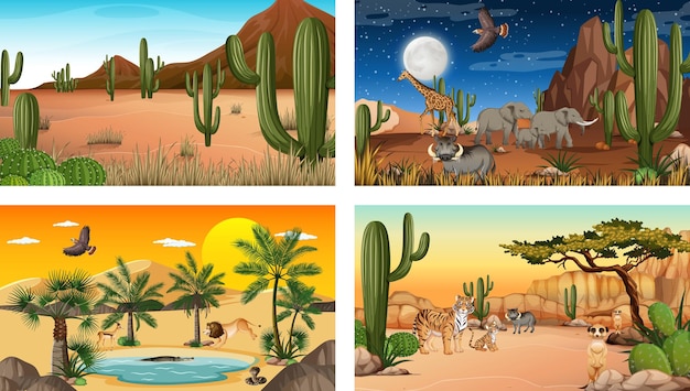 Different scenes with desert forest landscape with animals and plants