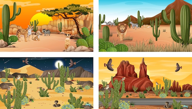 Free Vector different scenes with desert forest landscape with animals and plants