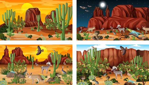 Different scenes with desert forest landscape with animals and plants