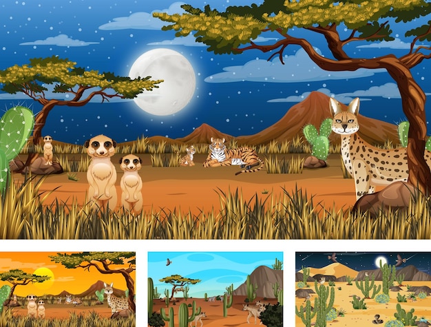 Free Vector different scenes with desert forest landscape with animals and plants