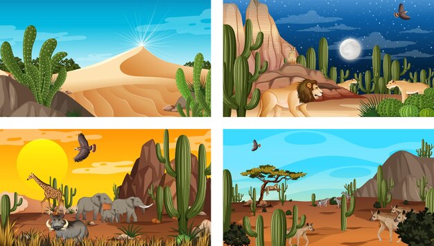 Different scenes with desert forest landscape with animals and plants