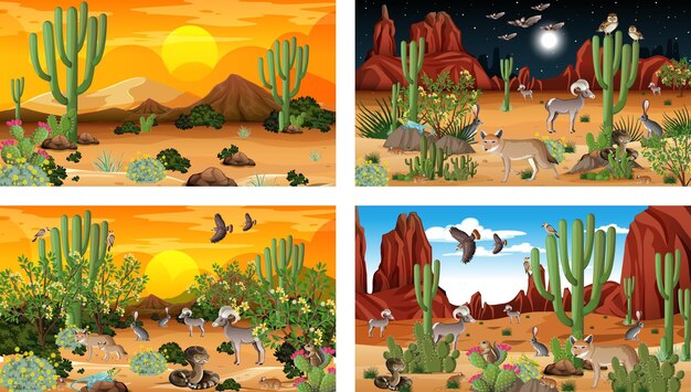 Different scenes with desert forest landscape with animals and plants