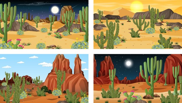 Different scenes with desert forest landscape with animals and plants