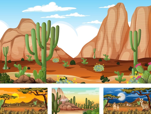 Free Vector different scenes with desert forest landscape with animals and plants